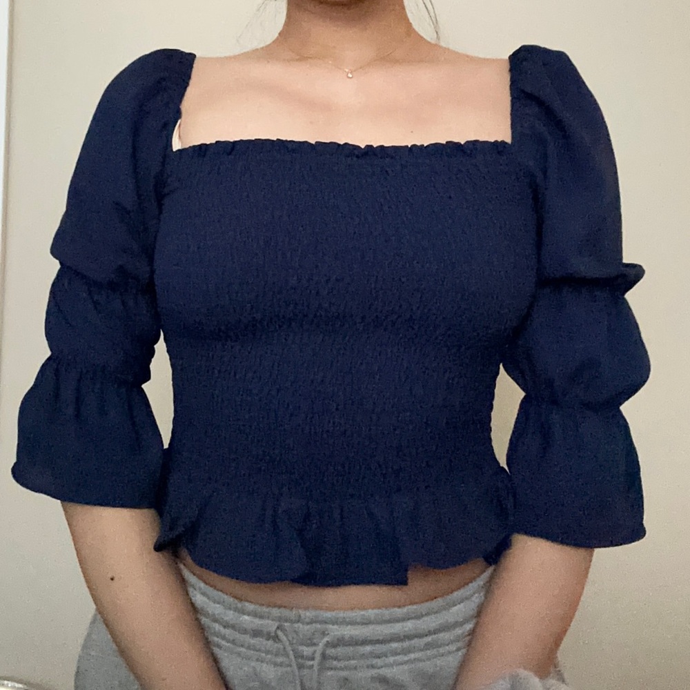 Idem Ditto Blue Puff Sleeve Smocked Bodice Blouse